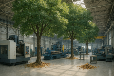 Zelená barva nad hlavou, šumění listí a zpěv ptáků by mohly v hale vytvářet příjemné prostředí pro práci.